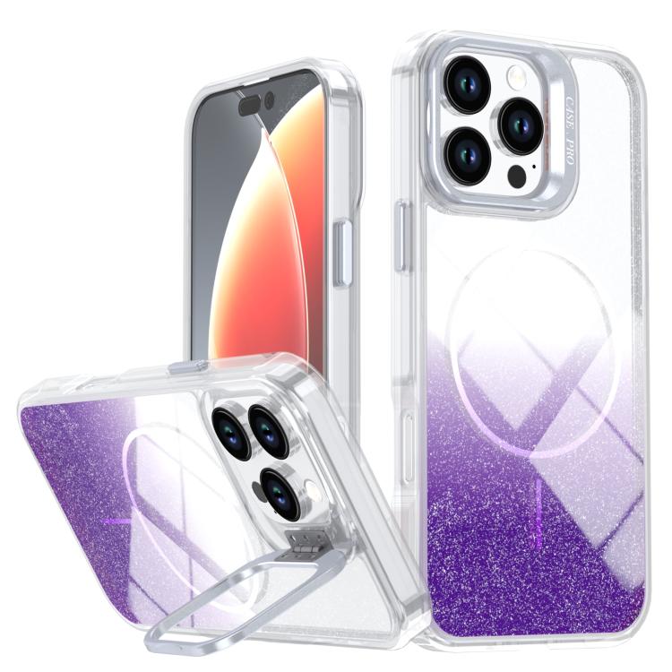 

For iPhone 16 Pro Glitter Gradient Magnetic Lens Frame Holder Phone Case(Purple)
