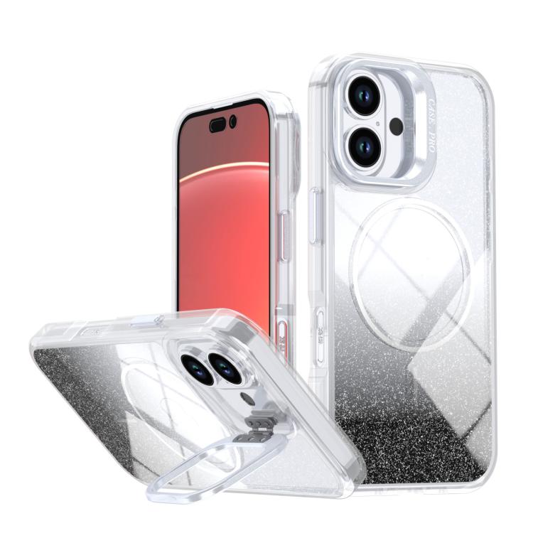 

For iPhone 16 Plus Glitter Gradient Magnetic Lens Frame Holder Phone Case(Black)
