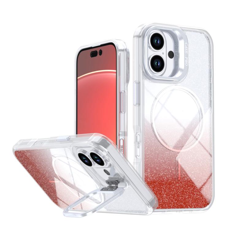 

For iPhone 16 Glitter Gradient Magnetic Lens Frame Holder Phone Case(Red)