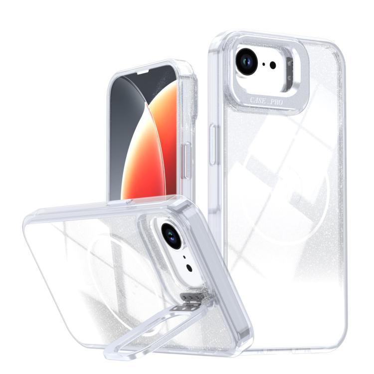 

For iPhone 17e / 16e Glitter Gradient Magnetic Lens Frame Holder Phone Case(White)