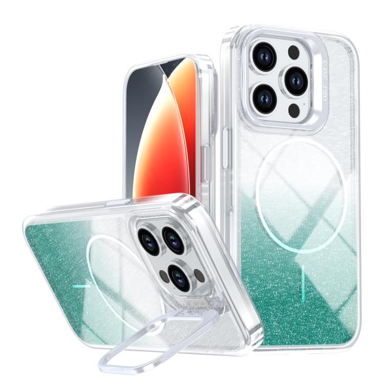 

For iPhone 15 Pro Max Glitter Gradient Magnetic Lens Frame Holder Phone Case(Lake Green)