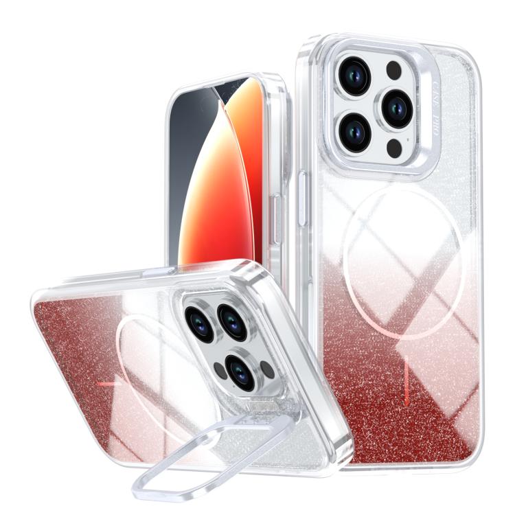 

For iPhone 15 Pro Glitter Gradient Magnetic Lens Frame Holder Phone Case(Red)