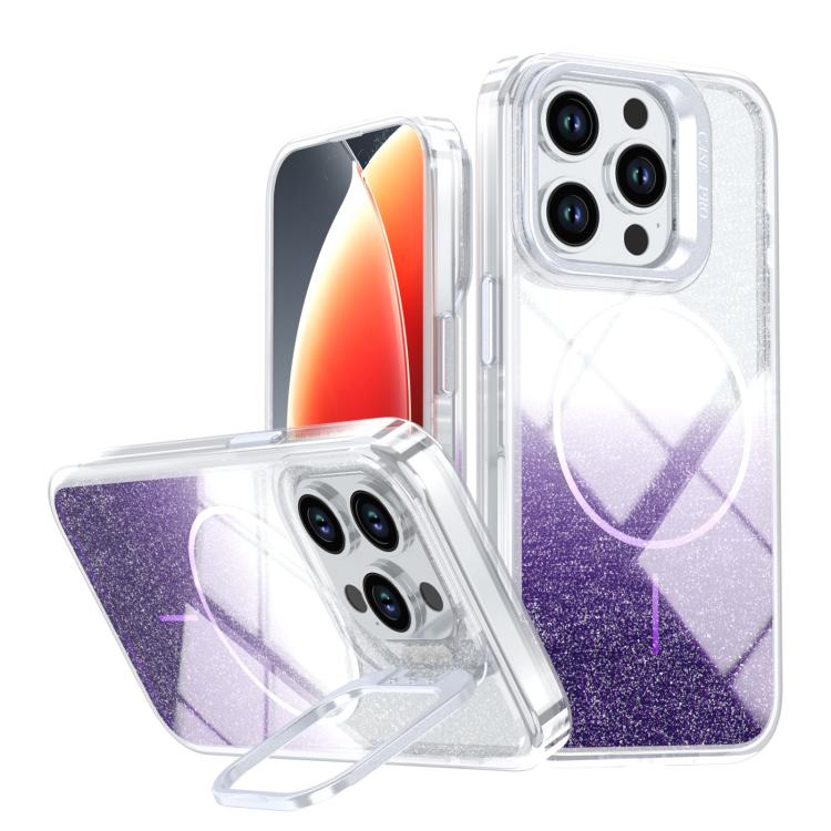 

For iPhone 15 Pro Glitter Gradient Magnetic Lens Frame Holder Phone Case(Purple)