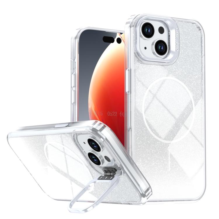 

For iPhone 15 Plus Glitter Gradient Magnetic Lens Frame Holder Phone Case(White)
