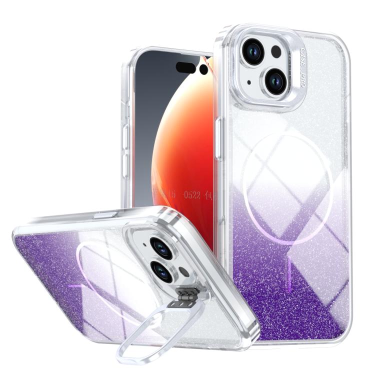 

For iPhone 15 Plus Glitter Gradient Magnetic Lens Frame Holder Phone Case(Purple)