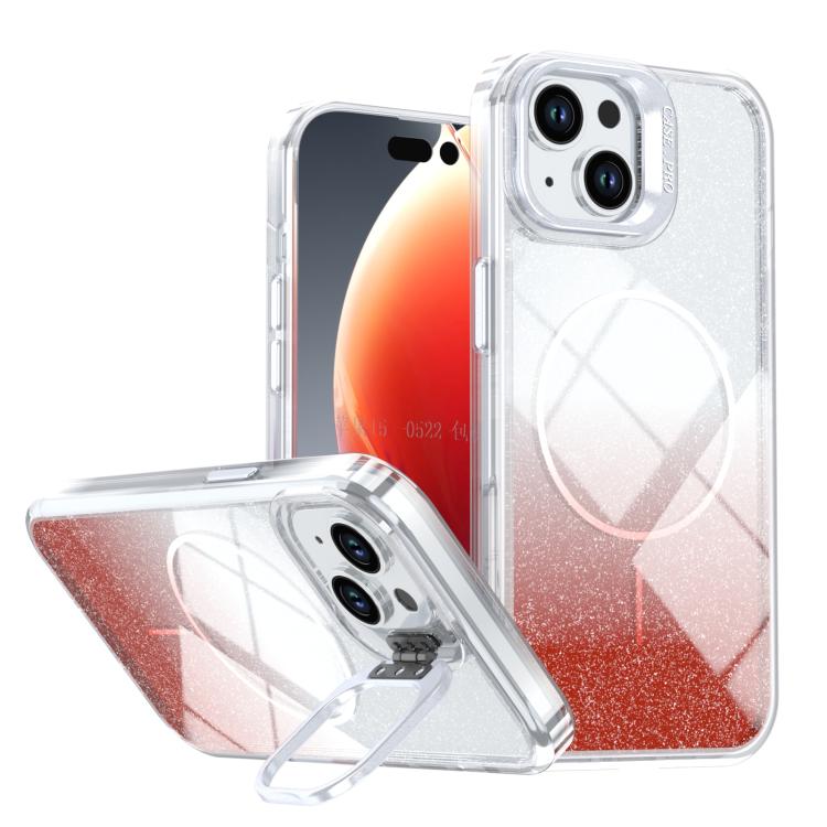 

For iPhone 15 Glitter Gradient Magnetic Lens Frame Holder Phone Case(Red)