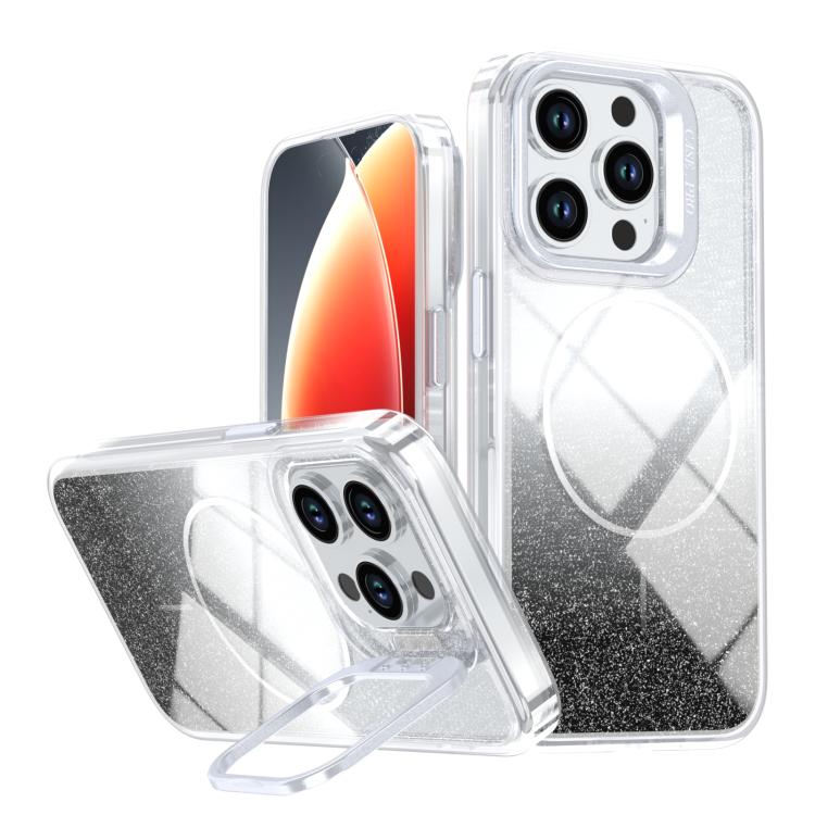 

For iPhone 14 Pro Glitter Gradient Magnetic Lens Frame Holder Phone Case(Black)