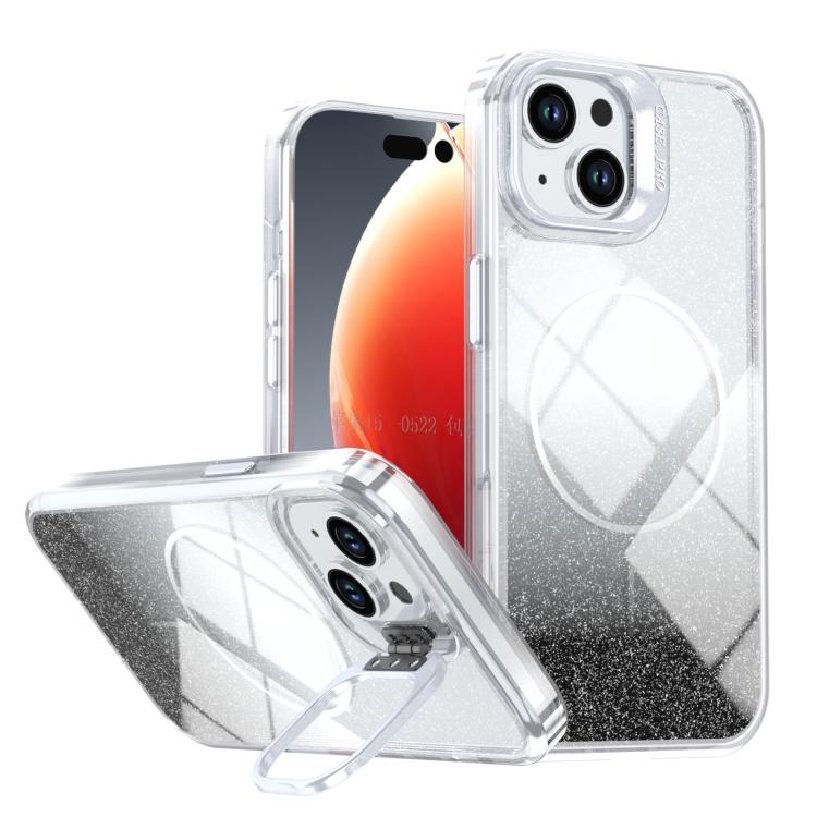 

For iPhone 14 / 13 Glitter Gradient Magnetic Lens Frame Holder Phone Case(Black)