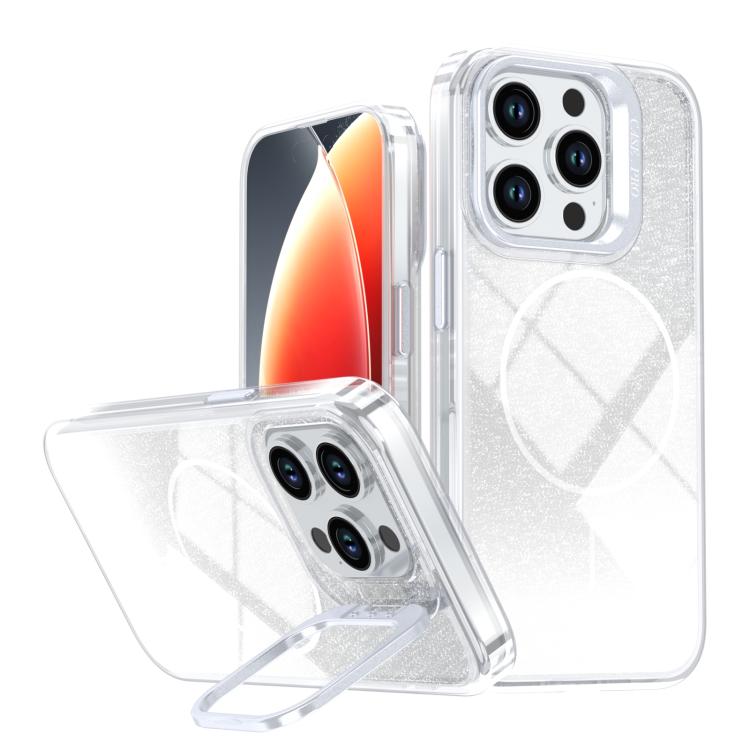 

For iPhone 13 Pro Glitter Gradient Magnetic Lens Frame Holder Phone Case(White)