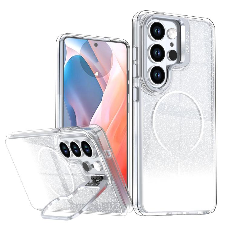 

For Samsung Galaxy S26 Ultra 5G Glitter Gradient Magnetic Lens Frame Holder Phone Case(White)