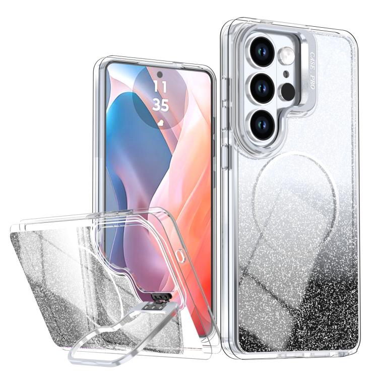 

For Samsung Galaxy S25 Ultra 5G Glitter Gradient Magnetic Lens Frame Holder Phone Case(Black)