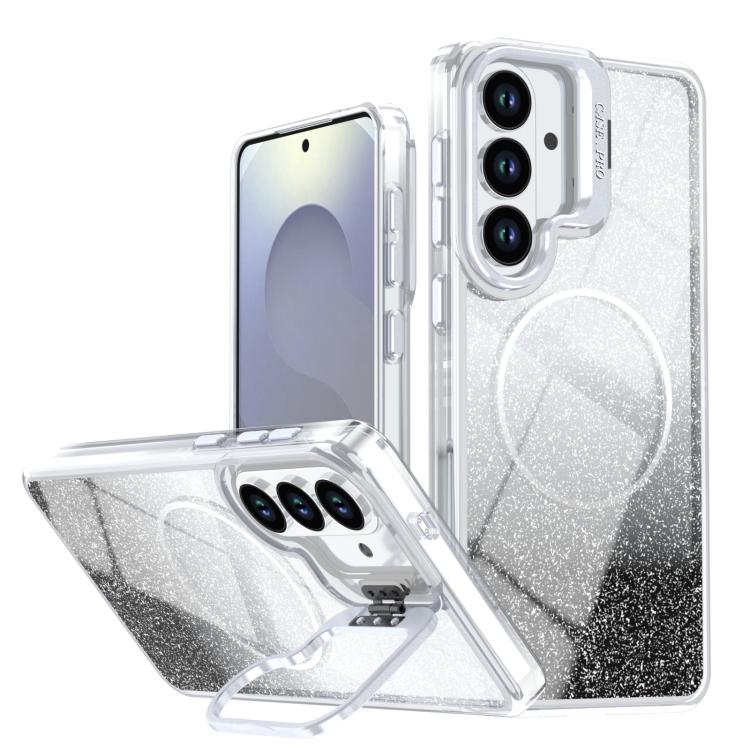 

For Samsung Galaxy S25+ / S24+ 5G Glitter Gradient Magnetic Lens Frame Holder Phone Case(Black)