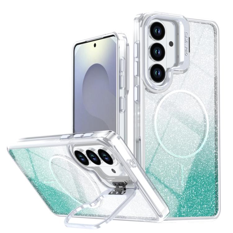 

For Samsung Galaxy S25+ / S24+ 5G Glitter Gradient Magnetic Lens Frame Holder Phone Case(Lake Green)