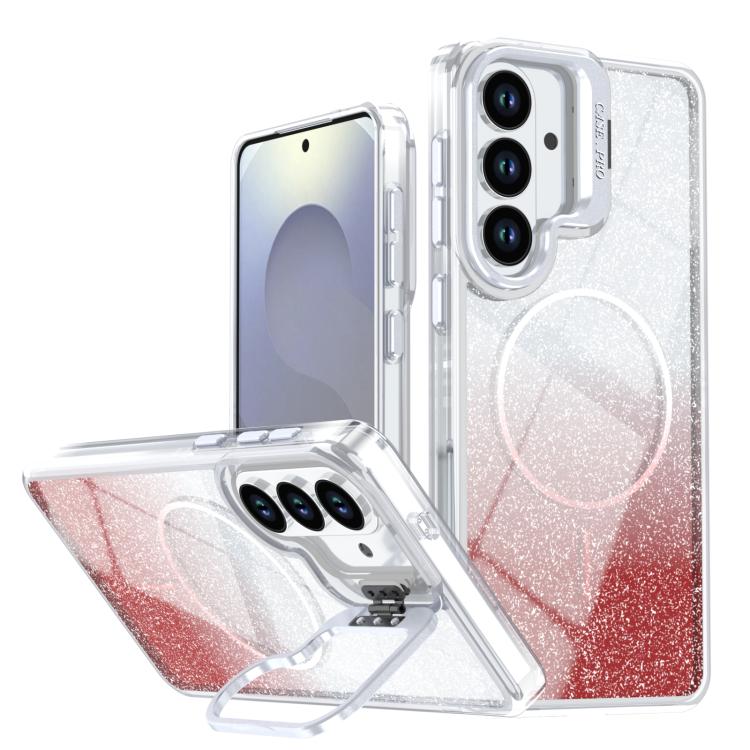

For Samsung Galaxy S25 / S24 5G Glitter Gradient Magnetic Lens Frame Holder Phone Case(Red)
