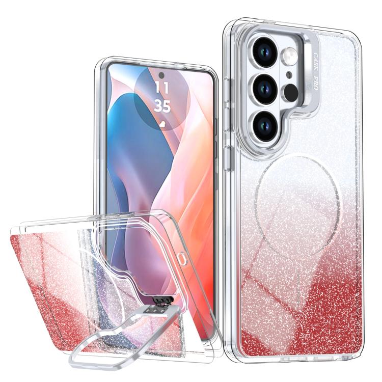 

For Samsung Galaxy S24 Ultra 5G Glitter Gradient Magnetic Lens Frame Holder Phone Case(Red)