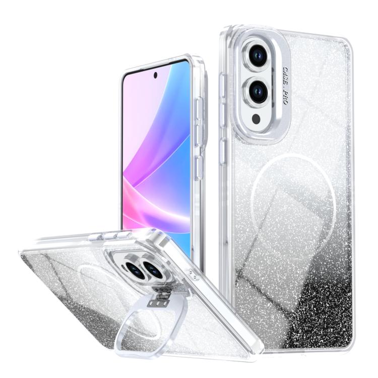 

For Samsung Galaxy S25 Edge 5G Glitter Gradient Magnetic Lens Frame Holder Phone Case(Black)