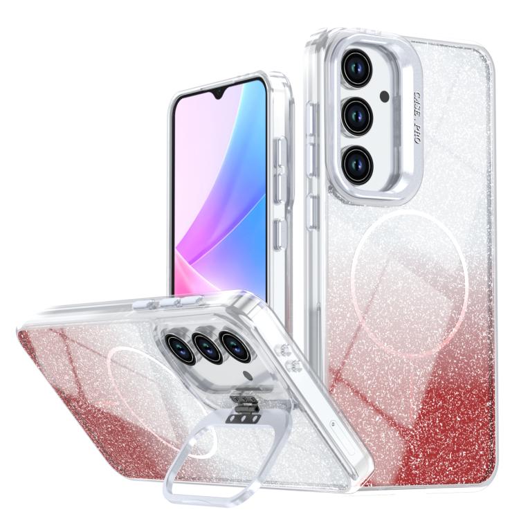 

For Samsung Galaxy S25 FE 5G Glitter Gradient Magnetic Lens Frame Holder Phone Case(Red)