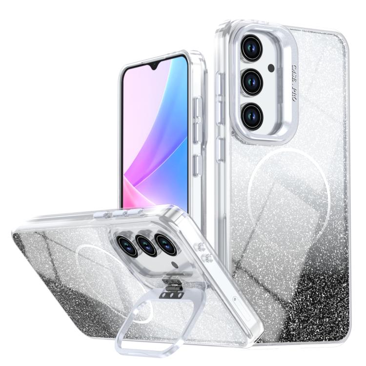 

For Samsung Galaxy S25 FE 5G Glitter Gradient Magnetic Lens Frame Holder Phone Case(Black)