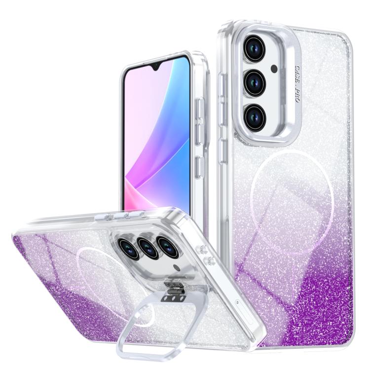 

For Samsung Galaxy S25 FE 5G Glitter Gradient Magnetic Lens Frame Holder Phone Case(Purple)