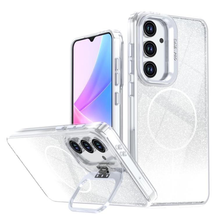 

For Samsung Galaxy S24 FE 5G Glitter Gradient Magnetic Lens Frame Holder Phone Case(White)