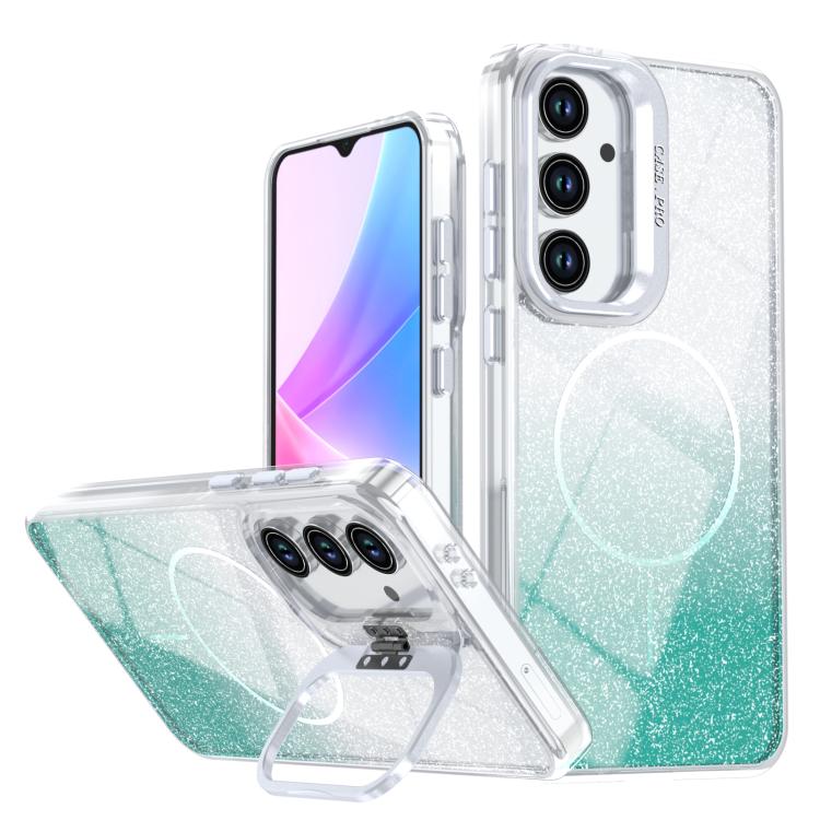

For Samsung Galaxy S24 FE 5G Glitter Gradient Magnetic Lens Frame Holder Phone Case(Lake Green)