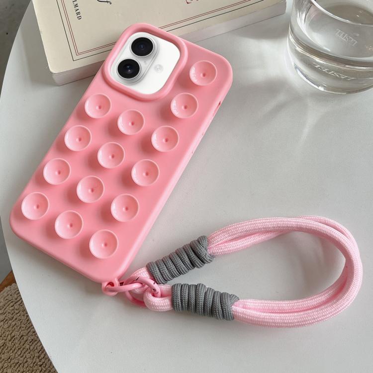 

For iPhone 16 Plus Simple Suction Cup Silicone Phone Case with Lanyard(Pink)