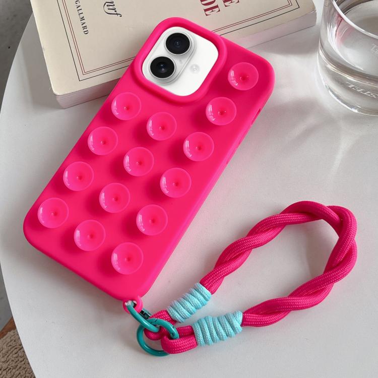 

For iPhone 16 Plus Simple Suction Cup Silicone Phone Case with Lanyard(Rose Red)