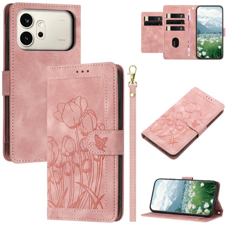 

For Honor 600 Global Tulips Embossed Leather Phone Case with Lanyard(Pink)
