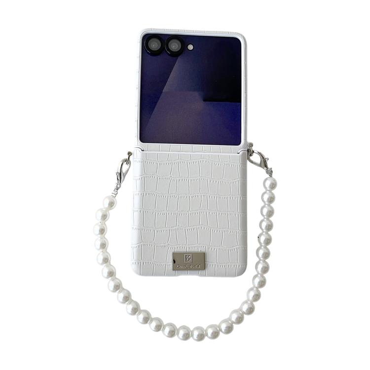 For Samsung Galaxy Z Flip7 5G Nameplate Style Crocodile Pattern DIY Side Buckle Phone Case with Strap(White)