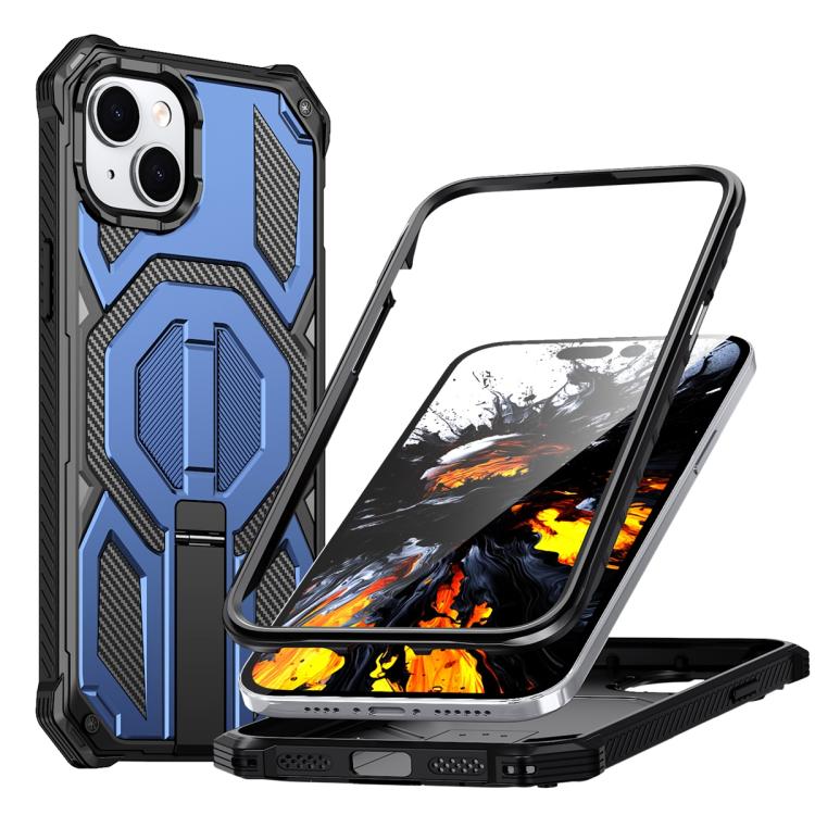 

For iPhone 15 Hidden Metal Holder Magnetic Shockproof Phone Case(Navy Blue)