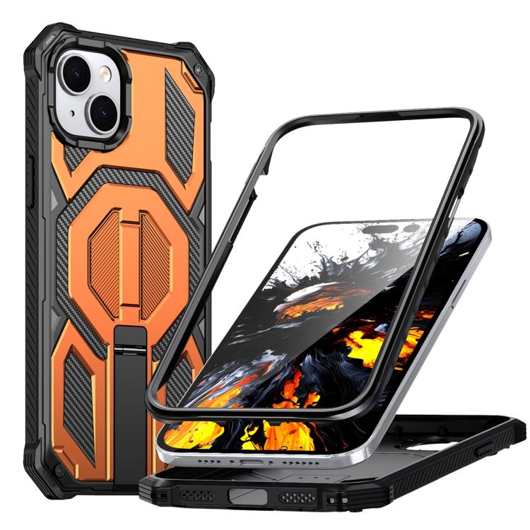 

For iPhone 15 Plus / 14 Plus Hidden Metal Holder Magnetic Shockproof Phone Case(Orange)
