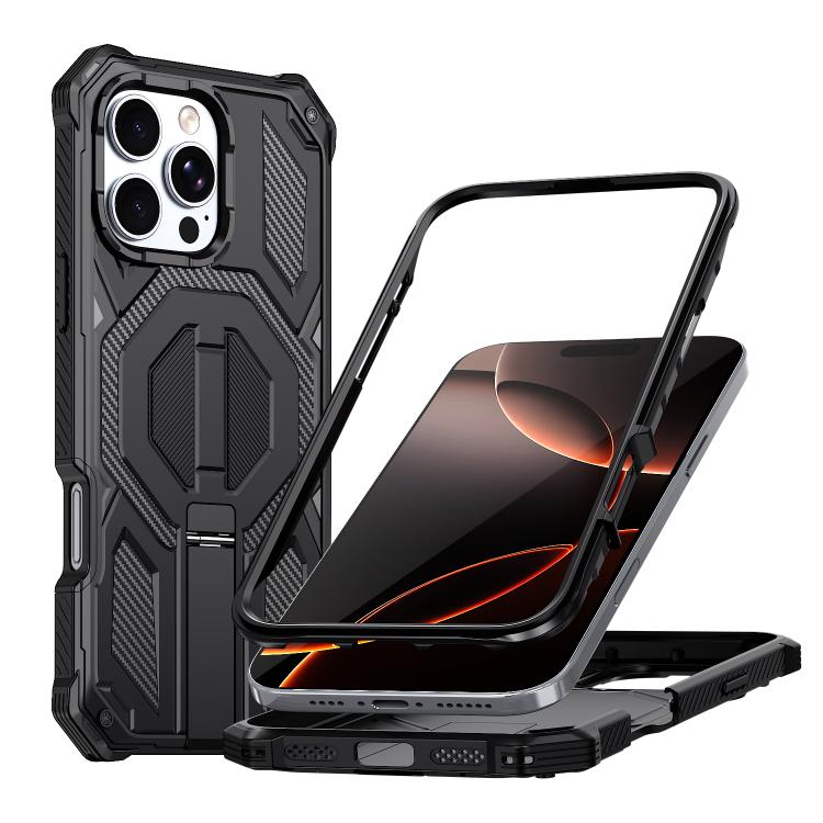 

For iPhone 16 Pro Max Hidden Metal Holder Magnetic Shockproof Phone Case(Black)