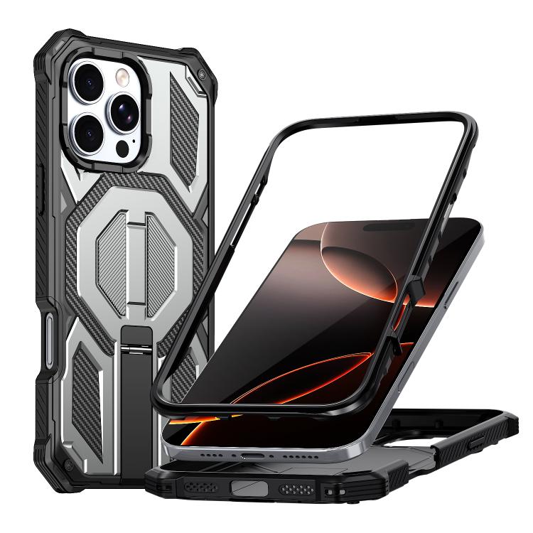 

For iPhone 16 Pro Hidden Metal Holder Magnetic Shockproof Phone Case(Grey)