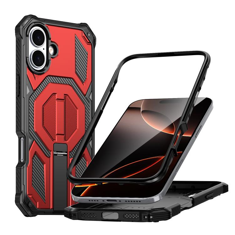 

For iPhone 16 Plus Hidden Metal Holder Magnetic Shockproof Phone Case(Red)