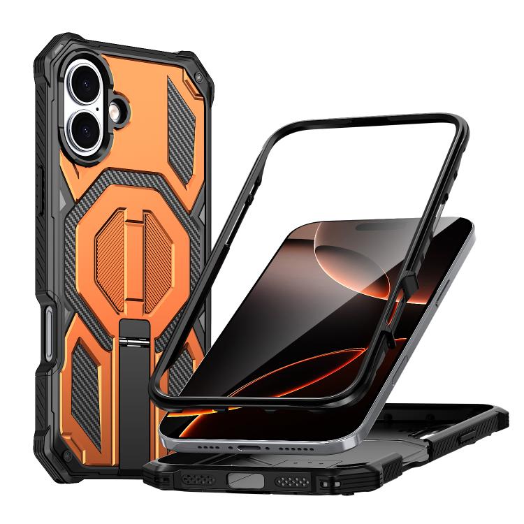 

For iPhone 16 Hidden Metal Holder Magnetic Shockproof Phone Case(Orange)