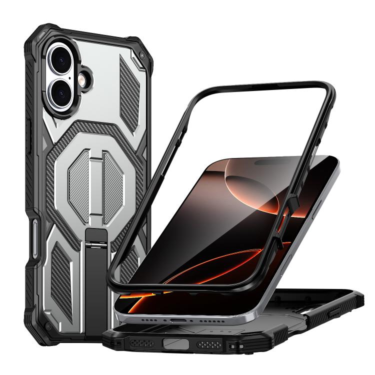 

For iPhone 16 Hidden Metal Holder Magnetic Shockproof Phone Case(Grey)