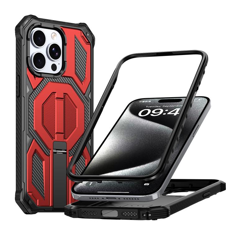

For iPhone 15 Pro Max Hidden Metal Holder Magnetic Shockproof Phone Case(Red)