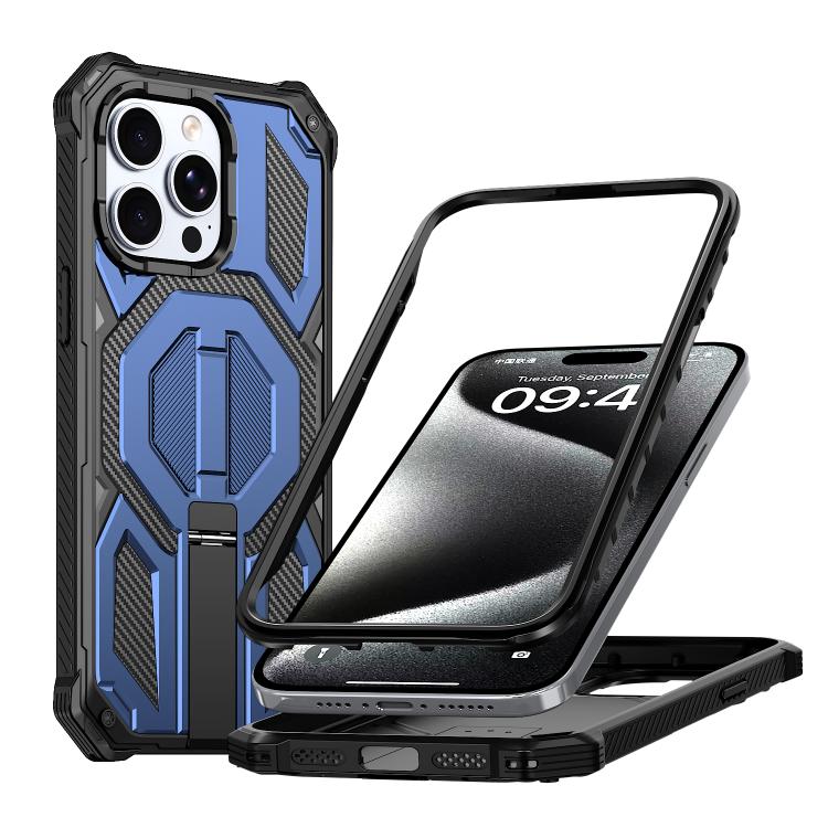 

For iPhone 15 Pro Hidden Metal Holder Magnetic Shockproof Phone Case(Navy Blue)