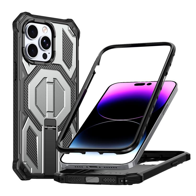 

For iPhone 14 Pro Hidden Metal Holder Magnetic Shockproof Phone Case(Grey)