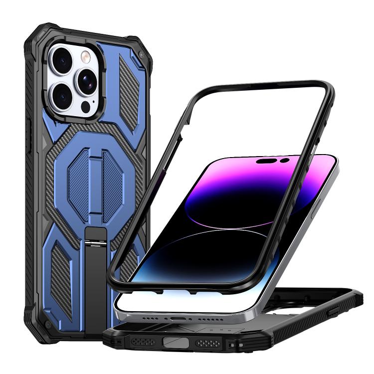 

For iPhone 14 Pro Hidden Metal Holder Magnetic Shockproof Phone Case(Navy Blue)