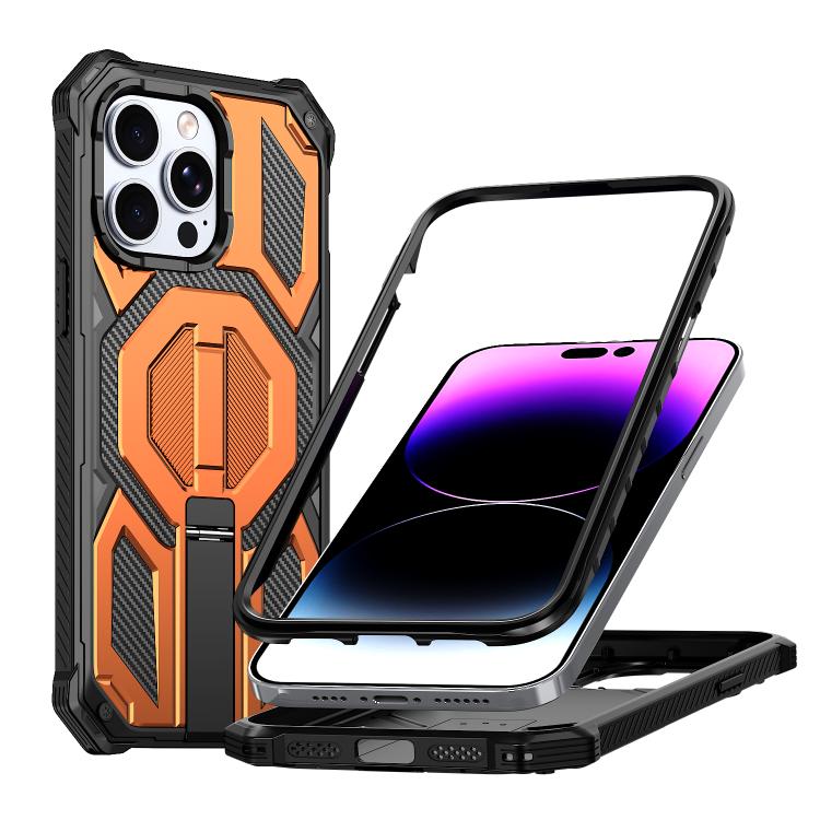 

For iPhone 13 Pro Hidden Metal Holder Magnetic Shockproof Phone Case(Orange)