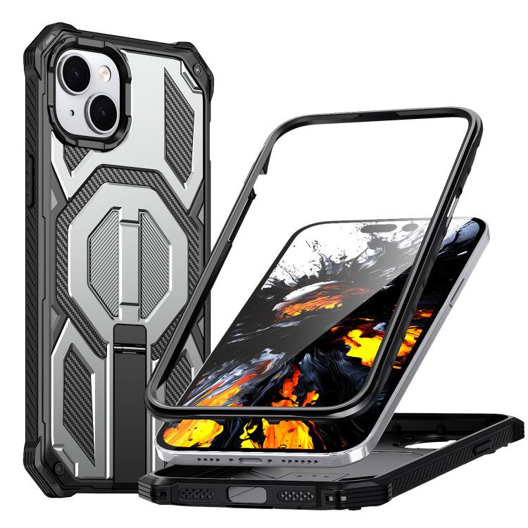 

For iPhone 14 / 13 Hidden Metal Holder Magnetic Shockproof Phone Case(Grey)