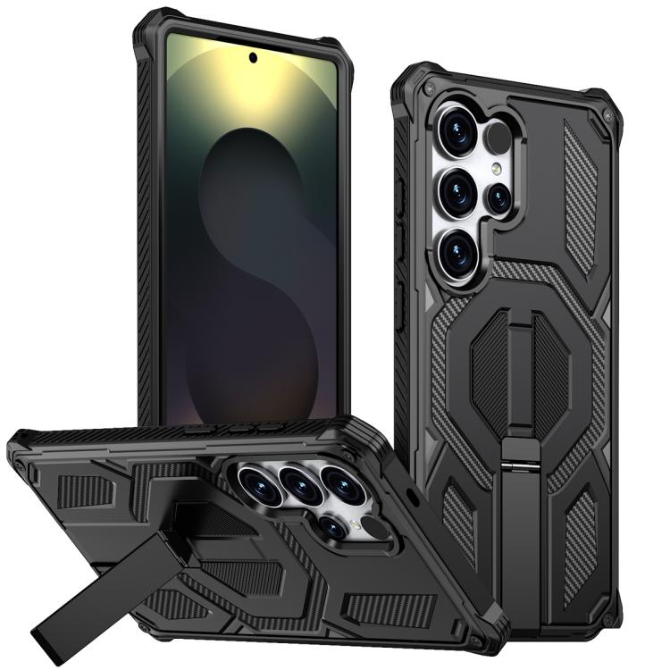 For Samsung Galaxy S25 Ultra 5G Hidden Metal Holder Magnetic Shockproof Phone Case(Black)