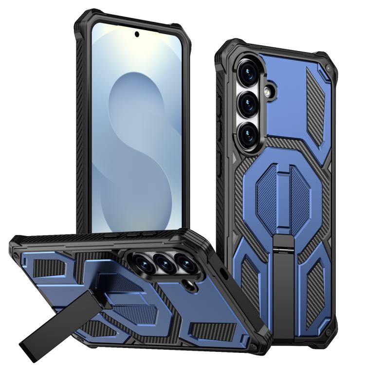 For Samsung Galaxy S25 FE 5G Hidden Metal Holder Magnetic Shockproof Phone Case(Navy Blue)