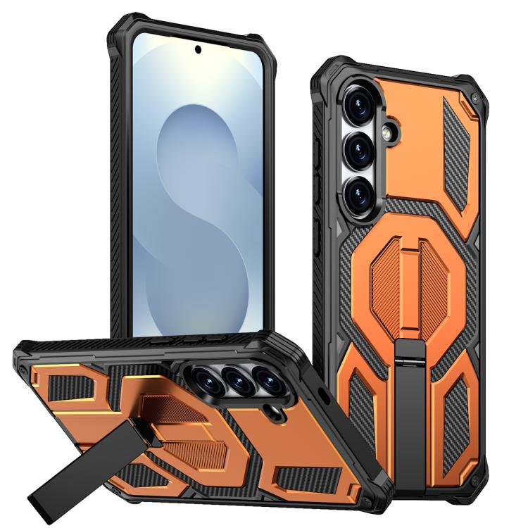 

For Samsung Galaxy S25+ 5G / S24+ 5G Hidden Metal Holder Magnetic Shockproof Phone Case(Orange)