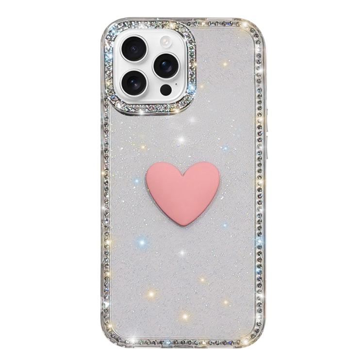 For iPhone 16 Pro Flash Rhinestone Double-sided IMD Love Heart Phone Case(Glitter Transparent)