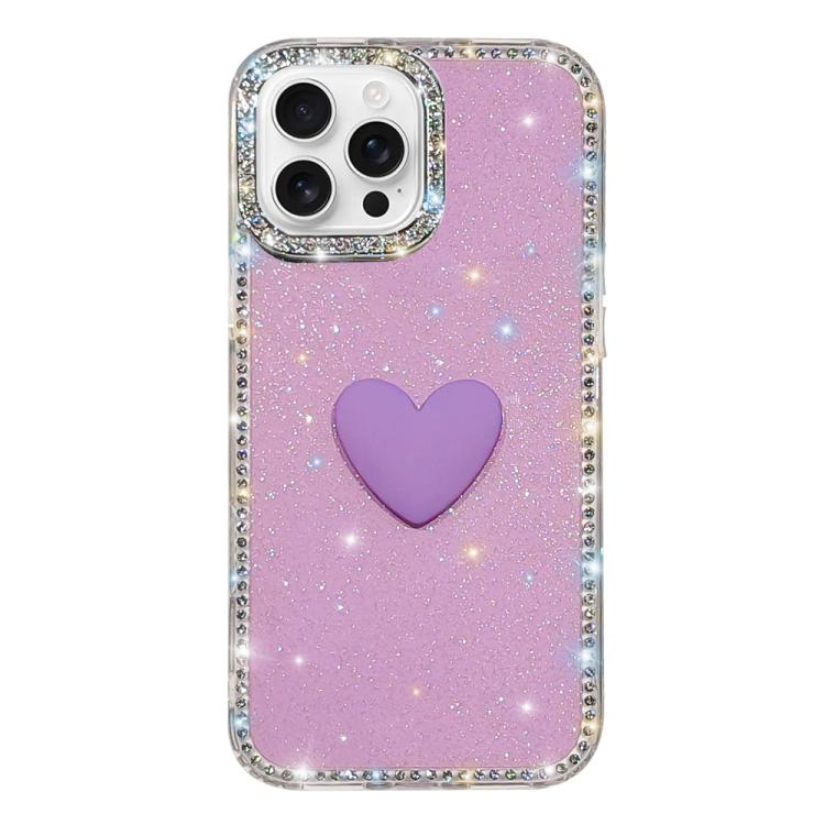 

For iPhone 16 Pro Flash Rhinestone Double-sided IMD Love Heart Phone Case(Glitter Purple)