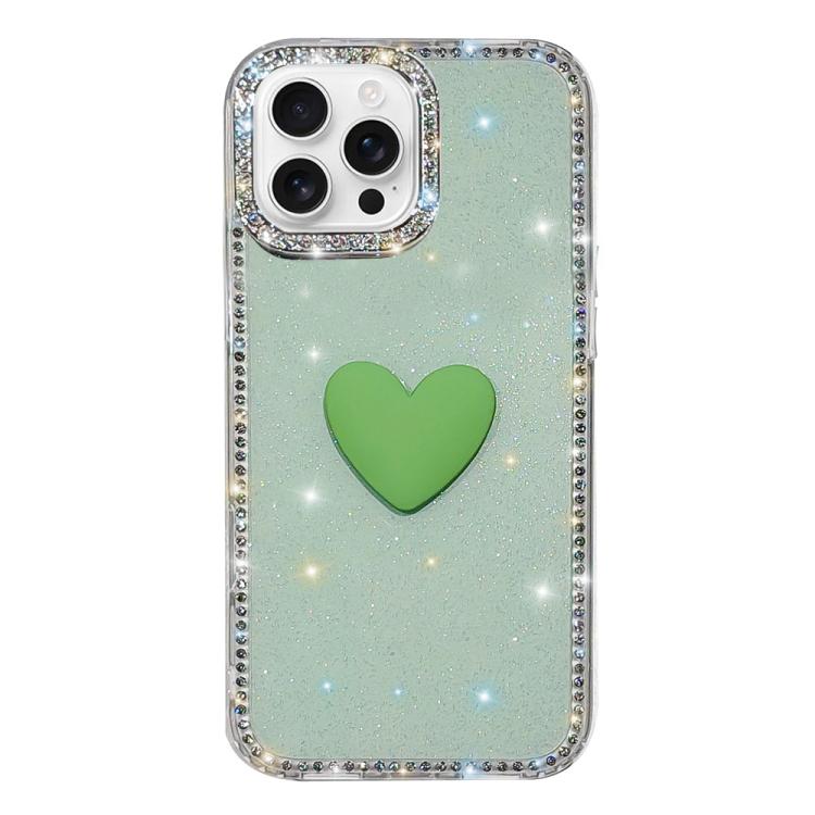 

For iPhone 16 Pro Flash Rhinestone Double-sided IMD Love Heart Phone Case(Glitter Green)