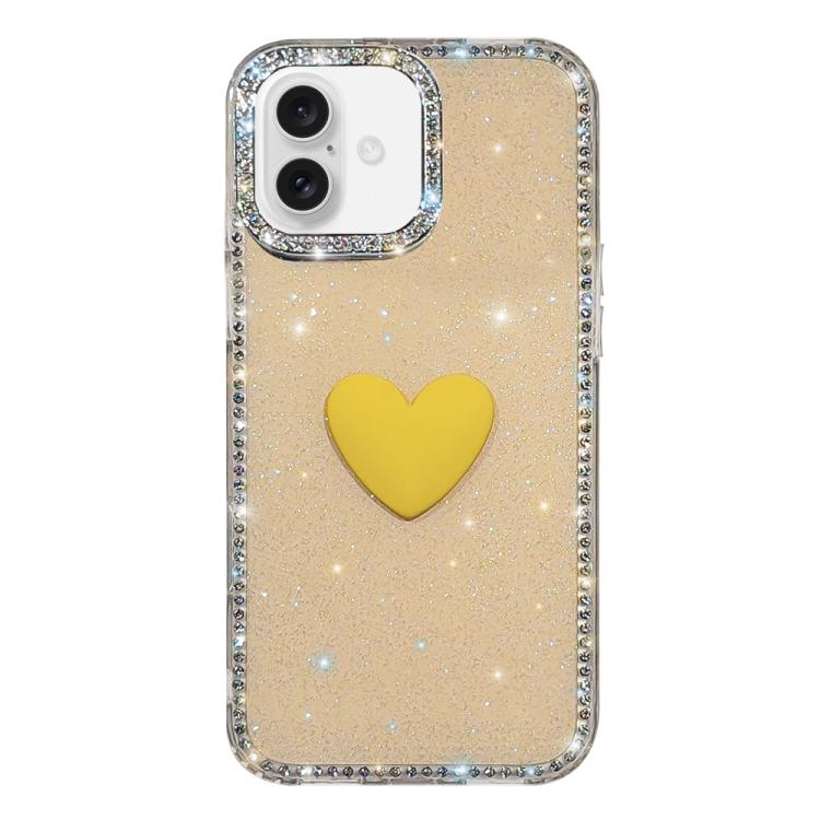For iPhone 16 Plus Flash Rhinestone Double-sided IMD Love Heart Phone Case(Glitter Yellow)