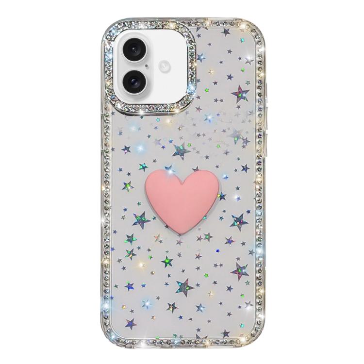 

For iPhone 16 Flash Rhinestone Double-sided IMD Love Heart Phone Case(Stars Transparent)
